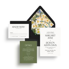 the wedding stationery is shown in three different colors