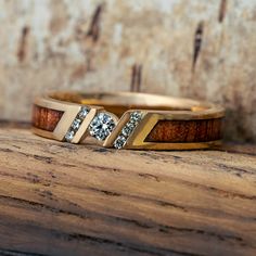 Unique Diamond Engagement Ring With Koa Wood Wood Rings Women Engagement, Masculine Womens Engagement Rings, Two Tone Engagement Ring And Wedding Band, Wood Engagement Ring Women, Engagement Rings Gender Neutral, Masculine Wedding Bands For Women, Inlay Engagement Ring, Mens Wedding Ring With Stone, Engagement Rings For Masculine Women