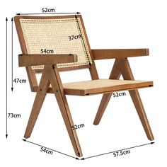 the measurements for a wooden chair with woven seat and backrest, shown in front of a