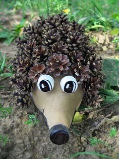 a hedgehog made out of pine cones with eyes on it's head and nose