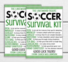 two soccer survival kit for the lakewood tigers, with green and white text on it