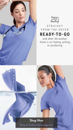 Two women wearing Easy Stretch by Butter-Soft Scrub tops in the color ceil blue Style Uniform, Waxing Salon, Uniform Advantage, Desain Editorial, Easy Stretches