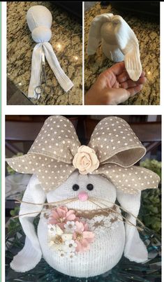 three pictures showing how to make an easter bunny