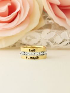 "Please select the quantity/style of rings from the dropdown menu, and leave detailed notes on what you want in the personalization box. SPACER RINGS ARE NOT FREE AND THEY ARE NOT INCLUDED WITH THE PURCHASE OF A NAME RING. YOU MUST ALSO PURCHASE THEM! ❤️15 character limit (spaces included in 15 characters) ❤️Outside engraving only ❤️I do not engrave opposing sides (example name on one side, date on other side) ❤️Hypoallergenic stainless steel - will not turn your fingers green ❤️I DO NOT accept Ring With Name, Spacer Rings, Mothers Rings, Dual Birthstone Ring, Ring Name, Hand Stamped Ring, Ring Spacer, Stamped Rings, Name Ring