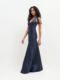 If you have to be fancy soon. Shop the Pernille Silk Dress from Reformation,  a sleeveless, maxi dress with a V-neckline and adjustable shoulder ties. Reformation Frankie Silk Dress, Navy Silk Dress, Wedding Shower Dress, Maxi Silk Dress, Navy Satin Dress, Navy Long Dress, Sustainable Wedding Dress, Recruitment Outfits, Maxi Bridesmaid Dresses