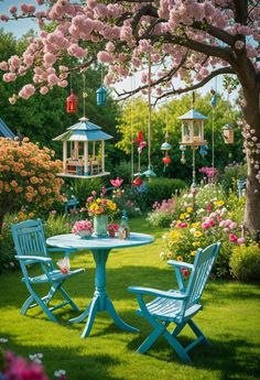 two chairs and a table in the middle of a garden with pink flowers on it