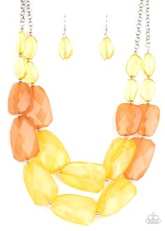 Varying in shape and size, opaque yellow and brown crystal-like beads delicately link into two colorfully icy layers below the collar for a stunning statement-making finish. Features an adjustable clasp closure. Sold as one individual necklace. Includes one pair of matching earrings. P2ST-YWXX-058XX RELEASED 5 NOV 20 Short Silver Necklace, Paparazzi Accessories Jewelry, Yellow Necklace, Paparazzi Accessories, Paparazzi Jewelry, Chic Accessories, Yellow And Brown, Necklace Earring Set, Jewelry Trends