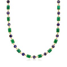 Ross-Simons - 35.00ct t. w. Emerald, 18.00ct t. w. Sapphire Necklace Over Sterling. 18". Make an average outfit infinitely more sophisticated with the rich jewel tones of this classic necklace! 35.00 ct. t. w. emeralds and 18.00 ct. t. w. round sapphires alternate in polished 18kt yellow gold over sterling silver. Includes a 2" extender. Lobster clasp, sapphire and emerald necklace. Emerald birthstones are the perfect gift for May birthdays. Formal Single Strand Emerald Necklace, Formal Round Single Strand Emerald Necklace, Elegant Faceted Emerald Necklace For Formal Occasions, Elegant Formal Faceted Emerald Necklace, Elegant Multi-stone Emerald Necklace For Formal Occasions, Elegant Single Strand Round Emerald Necklace, Classic Emerald Gemstone Necklace For Formal Occasions, Elegant Faceted Necklace For Formal Occasions, Elegant Formal Faceted Necklaces