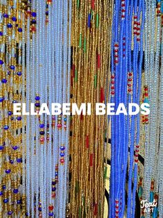 the words elabem beads are displayed in front of an assortment of beaded necklaces