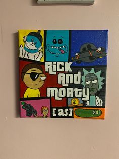 a painting hanging on the wall with cartoon characters