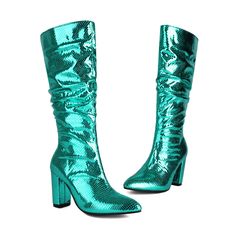 Shop Cyan Green Metallic Slouchy Boots Chunky Heels Snake Printed Knee High Boots color Green for Anniversary, Dancing Club, Date, Going out with worldwide Free shipping & Free return. Party Stacked Heel Heels For Fall, Party Knee-high Boots With Stacked Heel For Wide Calves, Trendy Party Heeled Boots With Stacked Heel, Trendy High Ankle Boots For Parties, Trendy High Ankle Heeled Boots For Party, Green Knee-high Party Boots, Trendy Block Heel Knee-high Boots For Night Out, Trendy Knee-high Boots With Stacked Heel For Party, Winter Party Heels With Stacked Heel