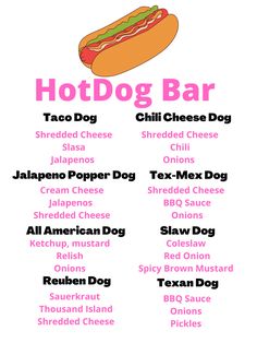 the hot dog bar menu is shown in pink and white