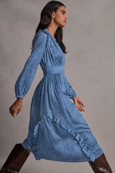 Accented by ruffle trim at the shoulders and skirt, this long-sleeve midi dress is one of those styles you'll wear in any season. It's feminine and flattering, designed with a split neckline, a clean placket, and a gathered bodice drawn in by smocking at the back waist. All finished with denim-like print utilizing Trom Gathered Bodice, Midi Ruffle Dress, Long Sleeve Midi, Long Sleeve Midi Dress, Ruffle Trim, Mid Length, Denim Dress, Smocking, Bodice