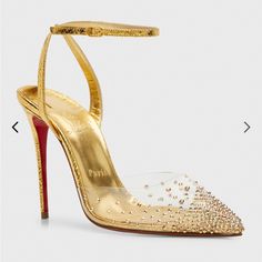 Brand New Never Used! 100% Authentic Details Christian Louboutin "Spikaqueen" Crystal Studded Clear Pvc Amd Metallic Leather Pumps 4.00 In / 100 Mm Stiletto Heel Pointed Toe Adjustable Anle Strap Signature Louboutin Red Leather Outsole Made In Italy Online Inquiries: Nms21_x5vhg Store Inquiries: #4382398 About Christian Louboutin: French Designer Christian Louboutin Introduced His Namesake Collection In 1991, And His Powerfully Feminine Shoes Soon Became Must-Haves For Stylish Women Everywhere. Gold Heels With Red Sole For Party, Gold Heels With Red Sole And Round Toe, Christian Louboutin Iriza, Feminine Shoes, Christian Louboutin Kate, Christian Louboutin Pigalle, Christian Louboutin So Kate, Red Louboutin, Louboutin Heels