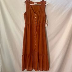 Nanette By Nanette Lepore Rust Color Button-Down Sleeveless Dress New With Tags! Size 8 Brown Button Closure Dress For Beach, Sleeveless Button Closure Summer Maxi Dress, Sleeveless Maxi Dress With Buttons, Brown Button Closure Beach Dress, Sleeveless Sundress With Button Closure, Sleeveless Sundress Maxi Dress With Button Closure, Brown Beach Dress With Button Closure, Sleeveless Summer Maxi Dress With Button Closure, Sleeveless Beach Sundress With Button Closure