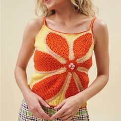 Lingua Franca Yellow Crochet Flower Tank - Size Xs Nwt - Never Worn Retails For $370 Tagged Lisa Says Gah For Exposure Fitted Yellow Cotton Crochet Top, Fitted Yellow Crochet Top For Summer, Spring Orange Crochet Top, Orange Crochet Top For Summer, Spring Orange Fitted Crochet Top, Yellow Fitted Crochet Top For Vacation, Spring Fitted Orange Crochet Top, Fitted Orange Crochet Top For Spring, Fitted Yellow Crochet Top For Spring