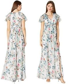 Womens Long Dresses, Skirt Short, Flowing Skirt, Chiffon Gown, Print Chiffon, Adrianna Papell, Long Dresses, Flutter Sleeves, Flutter Sleeve