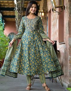 Kurta Trouser With Dupatta Set Multi Pure Cotton Pant Anarkali Front View Multi Dupatta, Embroidery Diamond, Cotton Dupatta, Moroccan Caftan, Dupatta Set, Floral Print Fabric, Thread Embroidery, Cotton Bottoms, Hip Dress