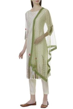 Shop for Ivory by Dipika White Chanderi Kurta Set for Women Online at Aza Fashions Straight Cut Pants, Kurta Set For Women, White Kurta, Kurta Set, Celebrity Look, Set For Women, Three Quarter Sleeves, Cotton Silk, Designer Collection