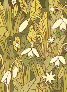 an illustration of flowers and leaves in the grass with stars on them, as well as other plants