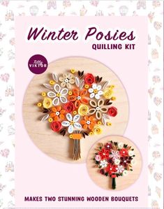 a paper craft kit with flowers and buttons on the front, and an image of a bouquet