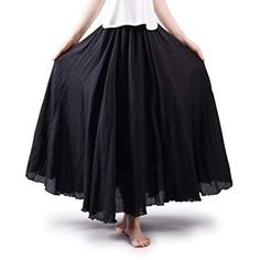 OCHENTA Women's Bohemian Elastic Waist Cotton Floor Length Skirt, Flowing Maxi Big Hem Black 105CM Gown Pattern, Maxi Skirt Dress, Womens Maxi Skirts, Long Skirts For Women, Linen Casual, Long Maxi Skirts, Pleated Maxi, Summer Skirts, Long Maxi