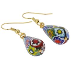 Dainty, colorful, and stylish, these Millefiori earrings demonstrate Murano artisans' incredible talent and fantasy. The beautiful delicate multicolor beads with a variety of Millefiori designs present the most famous Murano glass technique in a fun and contemporary way. Measurements: Each bead measures 1 inch in length, the diameter at the bottom is about 3/8 inch. Ear hooks are made of 18K gold-plated surgical steel. All other non-glass parts are 18K gold-plated. The earrings come with an attr Multicolor Dangle Teardrop Earrings For Gift, Multicolor Dangle Teardrop Earrings As Gift, Colorful Dangle Earrings For Gift, Multicolor Drop Flower Earrings With Ear Wire, Multicolor Flower Drop Earrings, Elegant Multicolor Beaded Earrings For Pierced Ears, Elegant Multicolor Beaded Earrings For Gifts, Elegant Colorful Drop Earrings, Multicolor Teardrop Flower Earrings As Gift