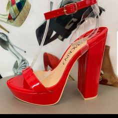 Red 'Vinyl' Platform Sandals. Super Sexy For Date Night, Or Night In The Town With Your Girlfriends. Club Clubbing Party Date Night Red Platform Sandals, Blue Shoes Heels, Red Platform Heels, Red Platform, Gucci Heels, Zara Heels, Chunky Heel Shoes, Strappy Stilettos, Black Leather Pumps