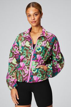 Oversized Flyweight Windbreaker Fabletics Tropical Oasis/Reflective Silver female Activewear >> Womens >> Jackets & Outerwear >> Jackets regular Everyday Green Fall Activewear For Gym, Spring Training Relaxed Fit Activewear, Fall Outdoor Activewear With Relaxed Fit, Go-dry Athleisure Outerwear For Training, Athleisure Go-dry Outerwear For Training, Spring Training Outerwear With Long Sleeves, Casual Relaxed Fit Workout Outerwear, Athleisure Sports Track Jacket With Relaxed Fit, Relaxed Fit Track Jacket For Sports