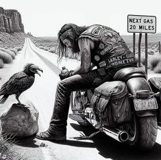 a black and white drawing of a man on a motorcycle with a bird sitting on the back