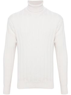 white virgin wool-cashmere blend ribbed knit ribbed roll neck long sleeves ribbed cuffs and hem Elegant Ribbed Turtleneck Sweater, Classic Turtleneck Sweater With Ribbed Neckline, Classic Knit Turtleneck Sweater, Beige Ribbed Knit Turtleneck, Winter Knit Turtleneck With Ribbed Neckline, Elegant Long Sleeve Turtleneck With Ribbed Neckline, Classic Long Sleeve Ribbed Polo Sweater, Ribbed Cashmere Turtleneck For Fall, Wool High Neck Sweater With Ribbed Cuffs