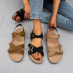 Casual Gladiator Style Outdoor Flat Sandal – 4Colordress Womens Belt Buckles, Casual Beach Sandals, Cork Sandals, Comfortable Slippers, Casual Slippers, Beach Sandals, Casual Sandals, Womens Casual, Cross Straps