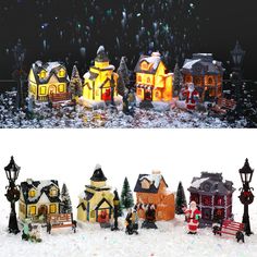 christmas village with lights and houses in the snow