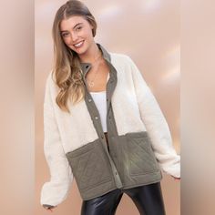 Stay Cozy And Stylish With This Colorblock Sherpa Quilted Jacket. In A Versatile Size S/M, This Jacket Features A Chic Colorblock Design And Plush Sherpa Material, Perfect For Adding A Touch Of Warmth And Fashion To Any Outfit. A Must-Have For Your Fall And Winter Wardrobe! This Sherpa Color-Block Quilted Jacket Is A Must Have! Snap Up Front Pockets Bought At Boutique And Never Worn But No Longer Have Tags Size S/M But Oversized Feel Feel Free To Contact Me If You Have Any Questions Or Need More Cozy Long Sleeve Color Block Outerwear, Cozy Color Block Winter Outerwear, Cozy Color Block Outerwear For Winter, Cozy Color Block Outerwear For Layering, Cozy White Patchwork Outerwear, Quilt Material, Pocket Jacket, Stay Cozy, Quilted Jacket