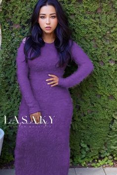 Lasaky - Stylish Womens Long Sleeve Fleece Dress with Round Neck in an Array of Colors Purple Knee-length Winter Dress, Purple Long Sleeve Dress For Winter, Fall Party Dress With Crew Neck, Purple Long Sleeve Midi Dress For Fall, Fuzzy Sweater Dress, Color Skirt, Future Outfit, Fleece Dress, Fuzzy Sweater