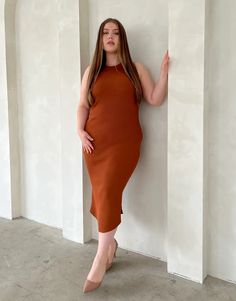 Curve Rib Knit Bodycon Midi Dress Plus Size Dresses Brown 1XL -2020AVE Bodycon Tank Dress, Midi Dress Plus Size, Plus Size Bodycon, Timeless Dress, Ribbed Midi Dress, Bodycon Midi Dress, Basic Dress, Bodycon Midi, Midi Dress Bodycon