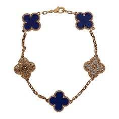 This is a limited edition Vintage Alhambra 5 motif bracelet that was released by Van Cleef & Arpels for their 50th Anniversary. It comes in Blue Sevres Porcelain, 18k yellow gold and has twenty-four round, brilliant cut diamonds with a lobster claw clasp.Origin: FranceCondition: New and never worn Accompanied by: VCA green jewelry boxMeasurements: 6.5mm circumference x 15mm width Chanel Cuff Bracelet, Vintage Diamond Bracelet, Chanel Cuff, Black Leather Cuff Bracelet, Sevres Porcelain, Pearl Cuff Bracelet, Brown Jewelry, Small Bracelets, Felt Jewelry