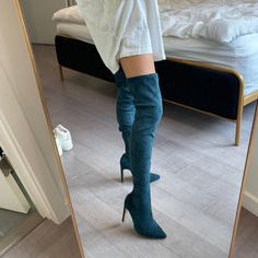 Size 36, Never Used Over The Knee Boots. Casual Blue Knee-high Boots, Trendy Fitted Light Blue Boots, Casual Blue Pointed Toe Boots, Fitted Light Blue Pointed Toe Boots, Elegant Blue Spring Boots, Chic Blue Pointed Toe Boots, Trendy Blue Knee-high Boots, Fitted Blue Boots With Round Toe, Fitted Light Blue Winter Boots