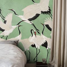 there are many birds painted on the wall