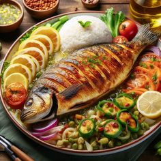 fish, rice and vegetables on a plate with chopsticks next to it in front of other foods