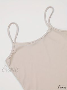 Eromis - Sleeveless Slim Bodysuit Duo Set with Solid Spaghetti Straps, Womens Casual Wear Summer Tank Bodysuit With Built-in Bra, Sleeveless Summer Bodysuit With Built-in Bra, Sleeveless Bodysuit With Straps For Beach, Sleeveless Strappy Bodysuit For Beach, Sleeveless Beige Bodysuit With Built-in Bra, Summer Loungewear Bodysuit With Adjustable Straps, Sleeveless Beige Bodysuit For The Beach, Summer Loungewear Strapped Camisole, Beige Sleeveless Bodysuit For Beach