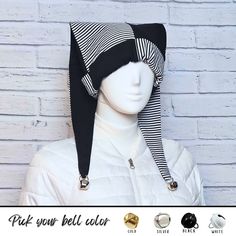 "All orders ship within two weeks. Jester / harlequin hat in solid black and black/white stripe pattern.  Jingle bells on the ends - pick your color. Hat is about 23 inches long from brim to ends. Made from 100% cotton, so it's lightweight and cool. Machine washable (though you may want to remove the bells first). Small fits head sizes 18\" to 20\". Medium fits head sizes 21\" to 24\". Large fits head sizes 25\" to 26\". The solid portion of this hat can be made in other colors as well!  Feel free to ask about your favorites!" Women Jester Costume, Clown Hat Pattern, Jester Hat Sewing Pattern, Jester Hat Pattern Sewing, Clown Aesthetic Outfit, Jester Hat Pattern, Jesters Hat, Clown Hats, Hat With Fringe