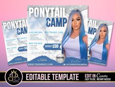 a flyer for a pony tail camp featuring two women with long hair and blue wigs