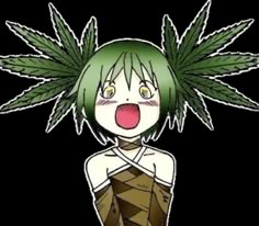 an anime character with green hair and leaves on her head, making a funny face