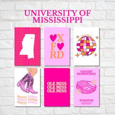 the university of mississippi poster is displayed on a brick wall with pink and purple colors