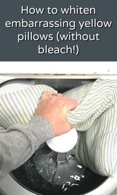 a person pouring water into a bowl in the sink with text overlay that reads, how to write embarrasing yellow pillows without bleach