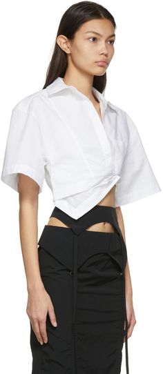 Short sleeve cotton poplin shirt in white. · Asymmetric construction · Patch pocket at chest · Zip fastening at armscye and side-seam Supplier color: White Designer Tops For Women, Cotton Poplin Shirt, Designer Tops, Poplin Shirt, Cotton Poplin, Luxury Streetwear, Sleeve Cotton, Short Tops, Patch Pocket