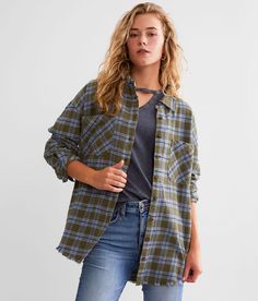 BKE Plaid Boyfriend Flannel Shirt - Green Medium, Women's Greenblue Oversized button down shirt Frayed details Bust measures 46 on size small Body length 27 on size small. Layering piece(s) and/or accessories sold separately.. 100% Cotton. Machine wash cold. Do not bleach. Line dry. Cool iron on reverse if needed.. Measurements: Bust -Fullest part of bust with arms at sides. Waist -Circumference of natural waist: above belly button below rib cage. Hips -Standing with feet together fullest part o Cheap Relaxed Fit Button-up Flannel Shirt, Casual Flannel Button-up Top, Trendy Flannel Button-up Shirt, Trendy Button-up Flannel Top, Oversized Flannel Button-up Tops, Green Flannel Button-up Shirt, Relaxed Fit Flannel Button-up Top, Casual Plaid Top With Shirttail Hem, Green Casual Flannel Tops