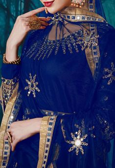 Embroidered Georgette Abaya Style Suit in Royal Blue Embellished Salwar Kameez With Long Sleeves For Eid, Embellished Salwar Kameez For Eid With Long Sleeves, Eid Embellished Long Sleeve Salwar Kameez, Embellished Long Sleeve Salwar Kameez For Eid, Festive Long Sleeve Abaya With Zari Work, Party Abaya With Zari Work For Eid, Blue Long Abaya For Eid, Blue Abaya For Eid, Long Blue Abaya For Eid