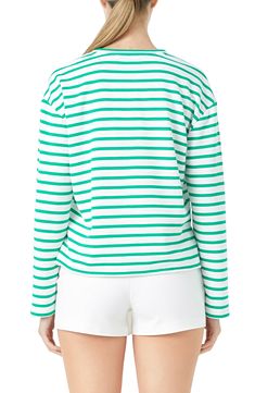 Shine bright in this striped long-sleeve top adorned with embellished patch letters decorating the front. Crewneck Long sleeves 65% cotton, 35% polyester Hand wash, dry flat Imported Spring Long Sleeve Tops With Horizontal Stripes, Spring Horizontal Stripe Long Sleeve Sweater, Long Sleeve Horizontal Stripe Tops For Spring, Casual Striped Long Sleeve Top For Spring, Cotton Long Sleeve Sweater With Striped Cuffs, Spring Cotton Sweatshirt With Contrast Stripes, Cotton Sweater With Striped Long Sleeves, Fall Crew Neck Top With Striped Collar, Spring Crew Neck Top With Striped Collar